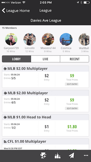 Screenshot from a mobile device of a DraftKings League Lobby showing a list of contests to enter